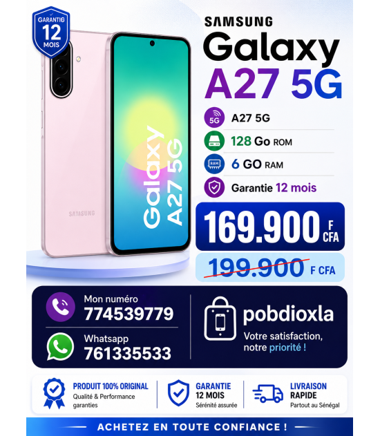 Samsung Galaxy • A27 5G • 128 Go ROM 6 GO RAM • Garantie 12 mois